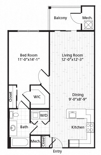 Floor plan for 1 bed, 1 bath, 759 sqft